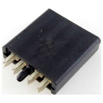 Czarny, czterobiegunowy wtyk jumper stosowany zwyczajowo w połączeniach elektronicznych na płytkach drukowanych.