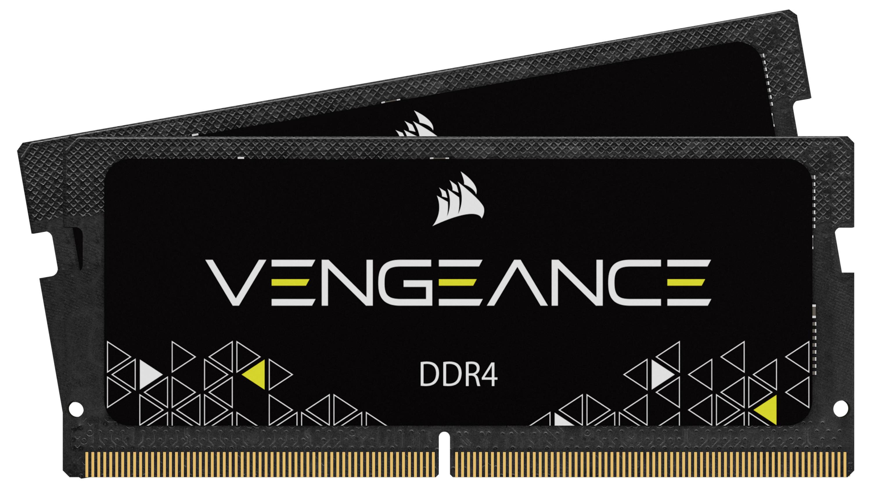 Dwa czarne moduły RAM DDR4 z napisem 'Vengeance'. Posiadają geometryczny wzór i są przeznaczone do wydajnych komputerów.