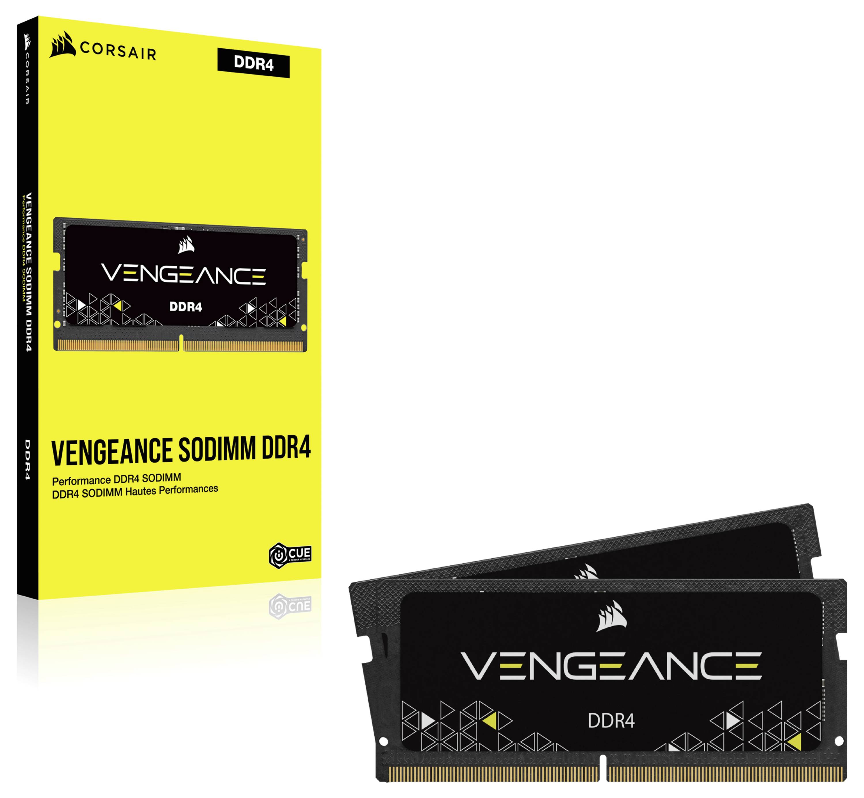 Dwa moduły pamięci RAM Corsair Vengeance DDR4 przed żółtym opakowaniem. Tekst na opakowaniu: 'Vengeance SODIMM DDR4'. Idealne do zwiększenia wydajności.