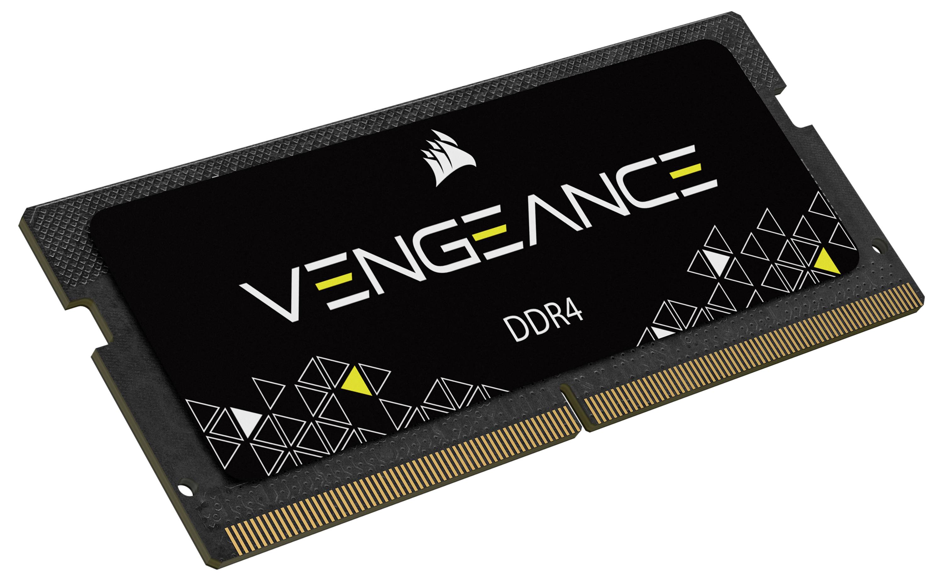 Moduł RAM DDR4 z napisem 'VENGEANCE'. Czarny design z geometrycznymi wzorami. Idealny do wydajnych komputerów.