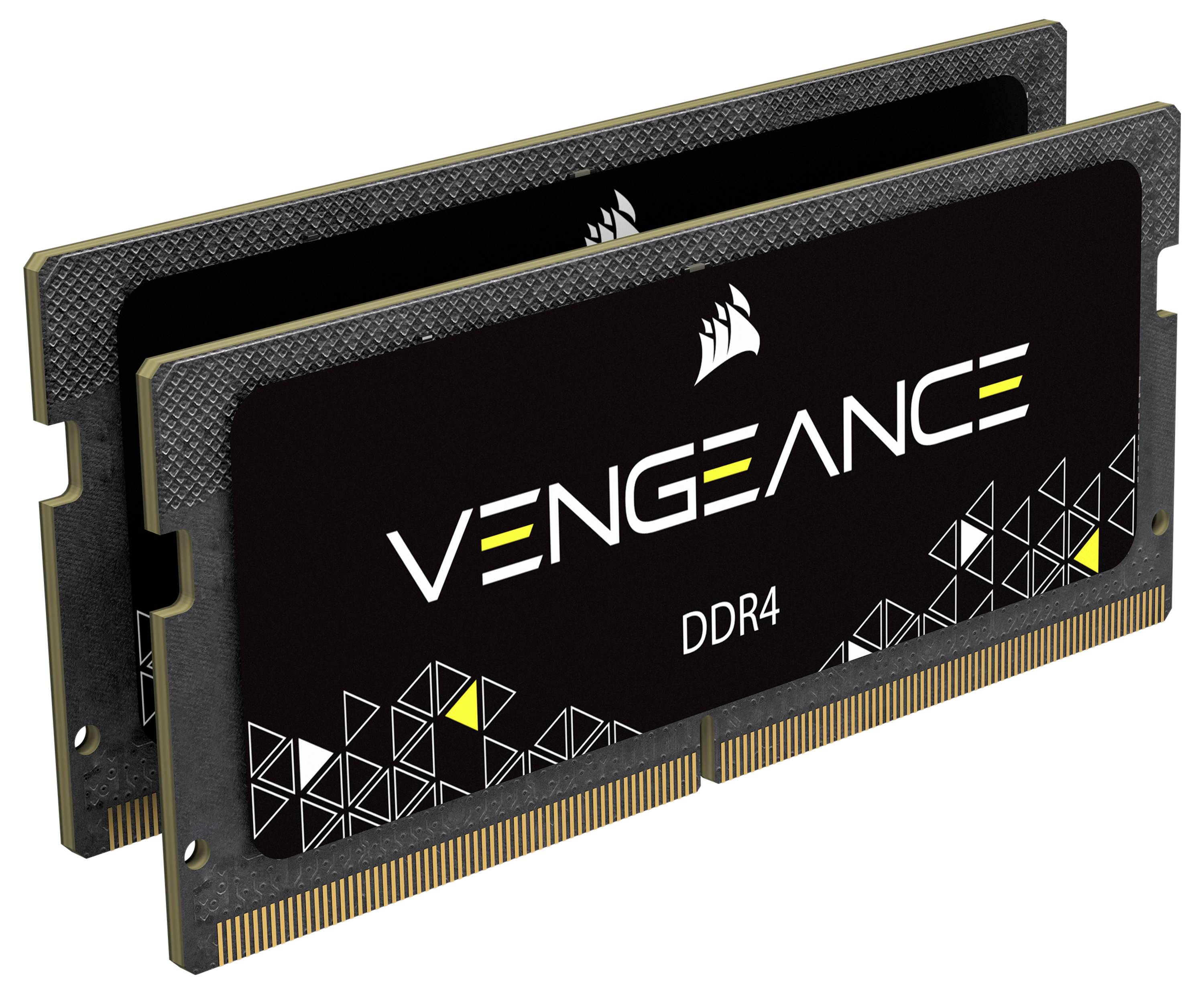 Dwie kości RAM do laptopów, marka 'Vengeance', technologia DDR4, czarny design z geometrycznymi wzorami.
