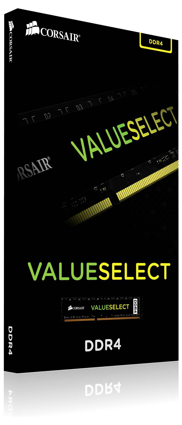 Opakowanie 'Corsair ValueSelect DDR4'. Czarny design z żółtym napisem. Zawiera informacje o pamięci operacyjnej DDR4.