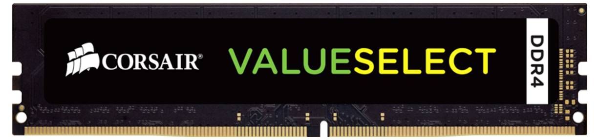 Moduł RAM Corsair ValueSelect DDR4, czarna płyta, logo i nazwa modelu w kolorach białym i żółtym. Odpowiedni do rozbudowy pamięci komputera.