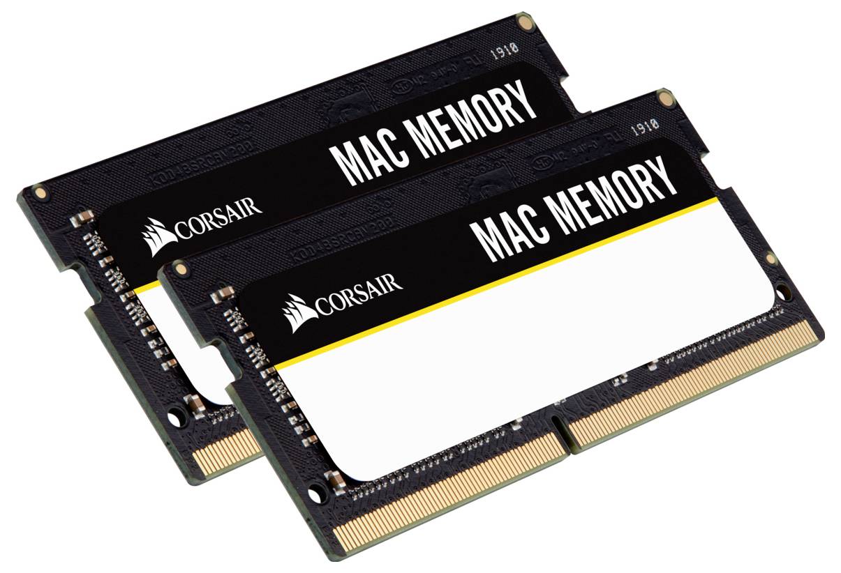 Dwa moduły pamięci RAM DDR3 dla komputerów Mac firmy Corsair.