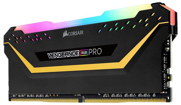 Czarna karta pamięci RAM z podświetleniem RGB na górze, widoczne napisy 'Vengeance RGB Pro' oraz logo Corsair.