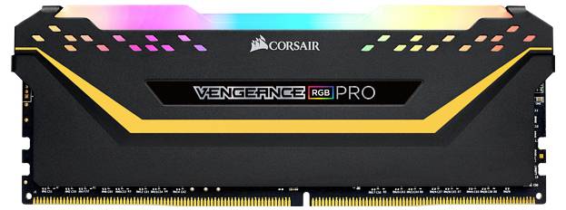 Moduł pamięci Corsair, Vengeance RGB Pro, z kolorowymi podświetleniem i czarnym designem. Idealny do wydajnych komputerów.