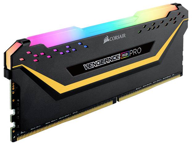 Moduł pamięci RAM Corsair Vengeance RGB PRO w czarnej obudowie z kolorowym podświetleniem LED, przeznaczony do komponentów komputerowych.