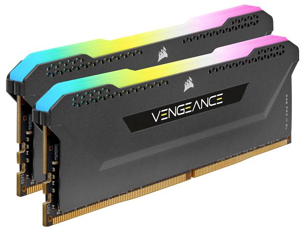 Dwa moduły RAM firmy Corsair z podświetleniem RGB, model 'Vengeance'. Mają czarną stylistykę i są przeznaczone dla graczy.