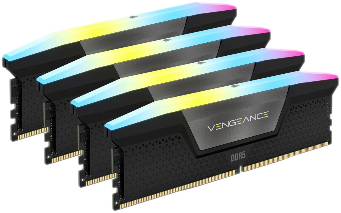 Cztery moduły pamięci RAM Corsair Vengeance DDR5 z podświetleniem RGB w kolorach niebieskim, żółtym i różowym.