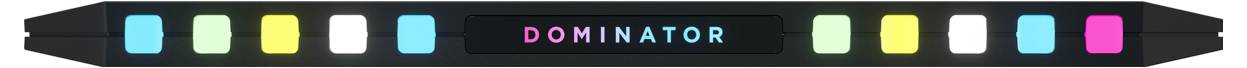 Czarny prostokątny sprzęt z kolorowymi paskami świetlnymi i napisem 'DOMINATOR' pośrodku.