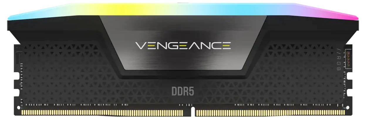 Moduł pamięci RAM z serii Vengeance DDR5, wyróżniający się czarnym radiatorem z podświetlającymi się diodami RGB.