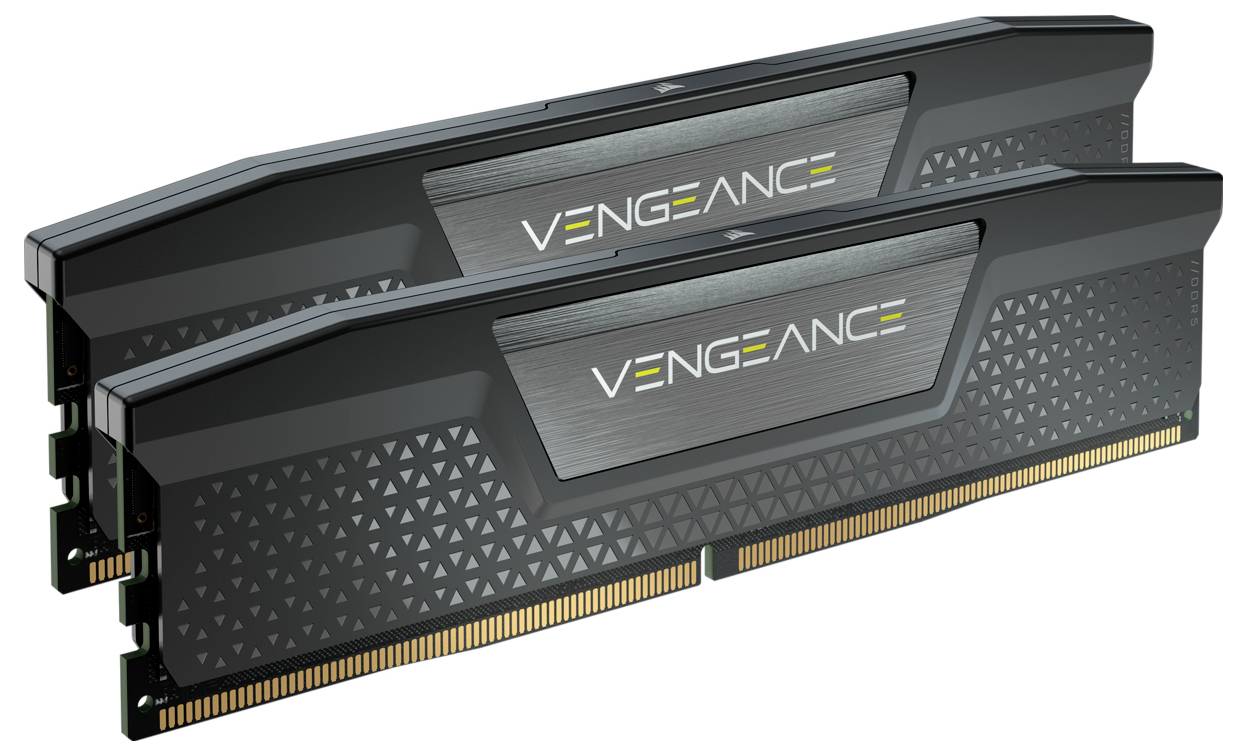 Dwa moduły pamięci RAM Corsair Vengeance RGB DDR4, w kolorze czarnym, z geometrycznym wzorem i podświetlanym logo; idealne do modernizacji komputera.