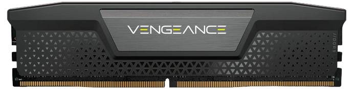 Czarny moduł pamięci RAM z napisem 'Vengeance' pośrodku, przedstawiony z widoku bocznego.