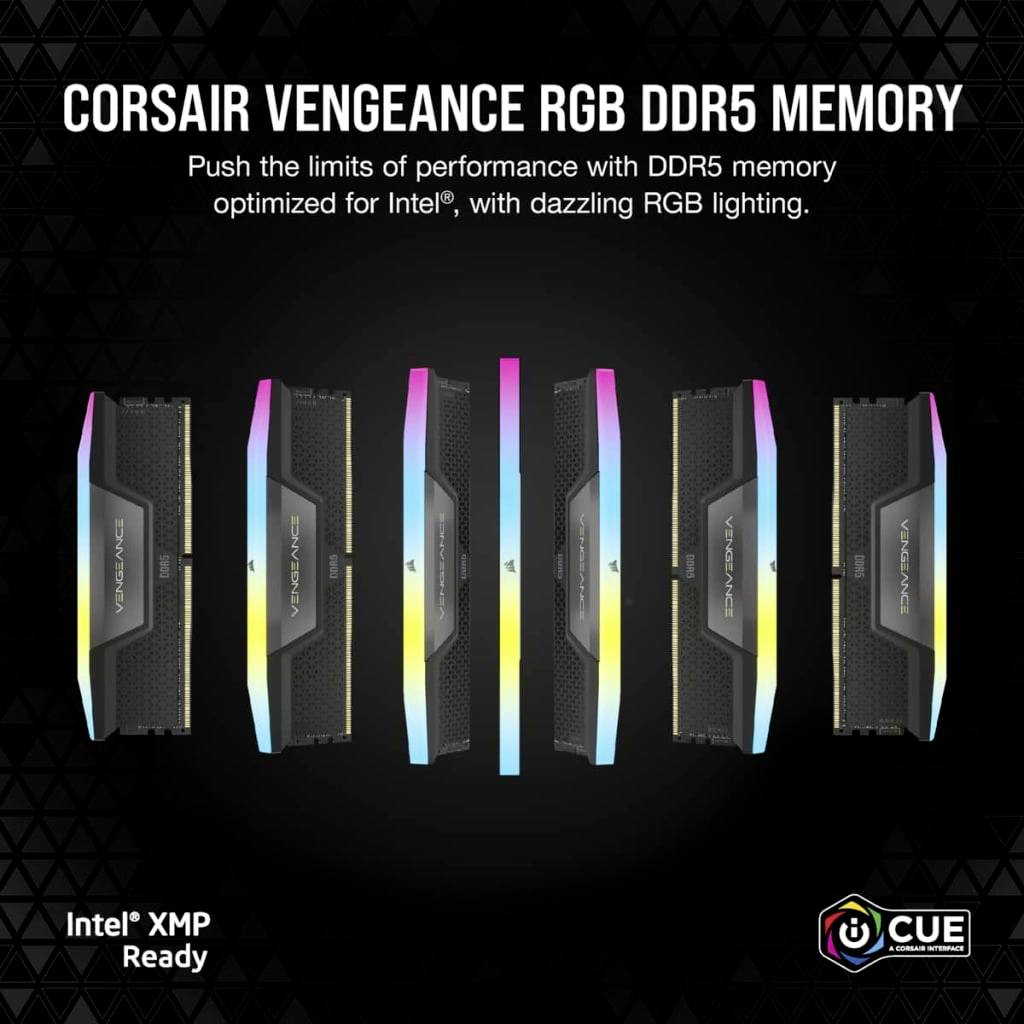 Pamięć Corsair Vengeance RGB DDR5 z podświetleniem RGB, zoptymalizowana pod Intel, obsługująca Intel XMP. Głównie czarna z kolorowymi efektami świetlnymi.