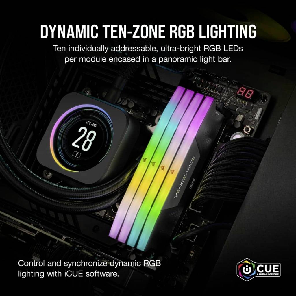 Moduł oświetlenia RGB z dziesięcioma indywidualnie adresowalnymi diodami LED w różnych kolorach. Tekst wyjaśnia synchronizację z oprogramowaniem iCUE.