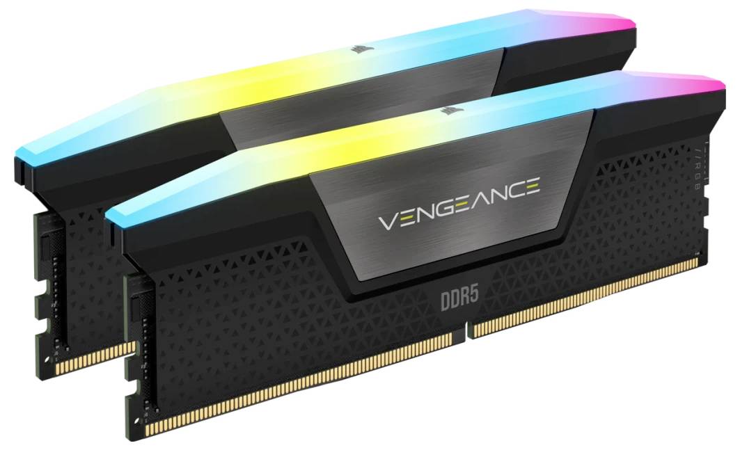 Dwa moduły pamięci RAM Corsair Vengeance RGB DDR5 w czarnym designie z kolorowymi światłami na górze.