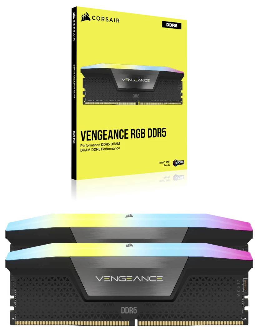 Dwa moduły pamięci RAM Corsair Vengeance RGB DDR5 przed opakowaniem. Opakowanie jest żółte z czarnym tekstem, a podświetlenie RGB jest widoczne.