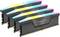 Cztery podświetlane RGB moduły RAM DDR5 z napisem 'Vengeance' prezentują nowoczesny design techniczny.