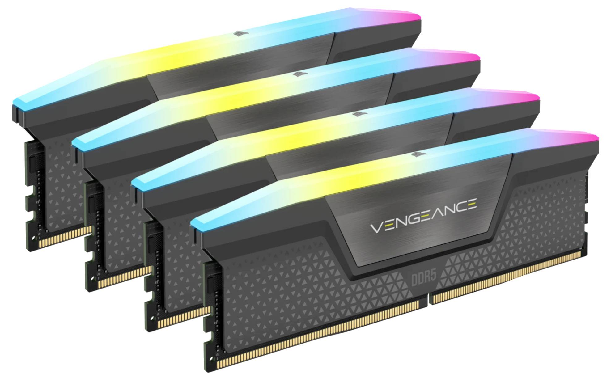 Cztery moduły pamięci RAM Corsair Vengeance RGB z kolorowym podświetleniem LED. Są przeznaczone do stosowania w komputerach w celu zwiększenia ich wydajności.