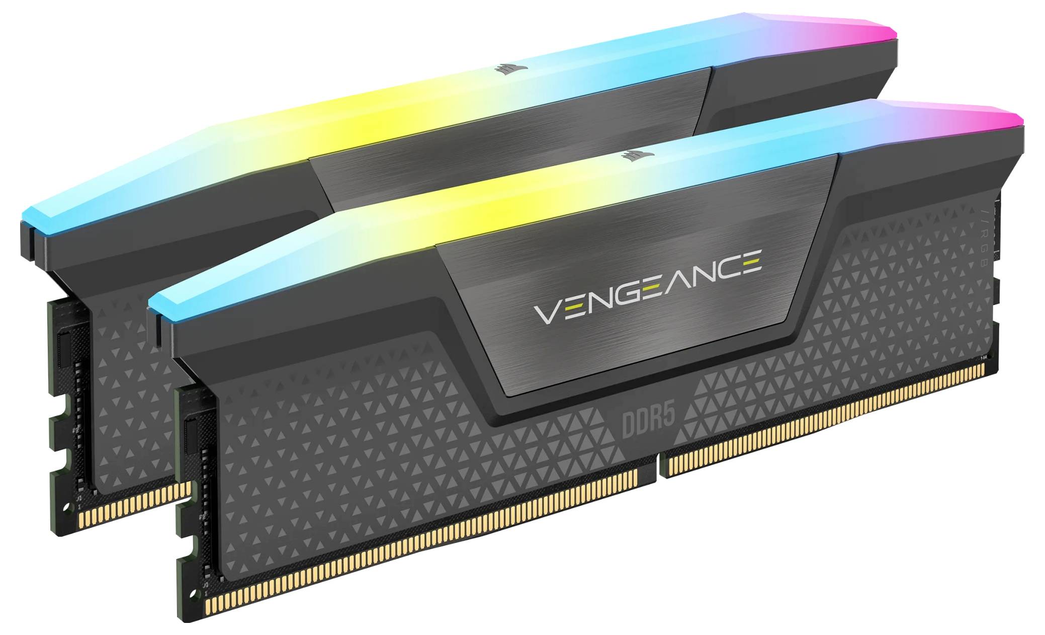 Dwa moduły pamięci RAM Corsair Vengeance DDR5 z kolorowym podświetleniem RGB, idealne do wydajnych uaktualnień komputera.