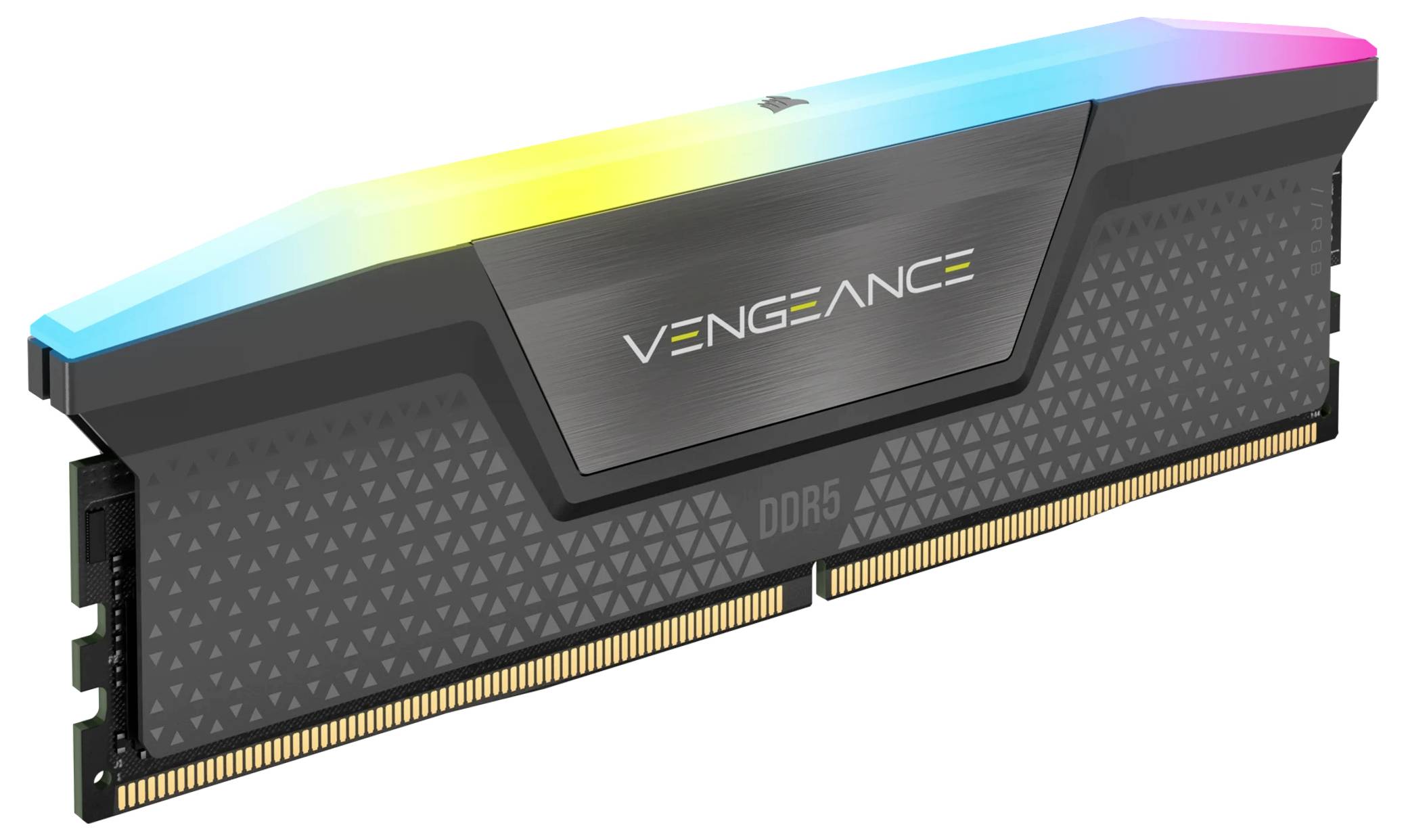 Moduł RAM DDR5 z podświetleniem RGB z napisem 'Vengeance'. Odpowiedni do komputerów wysokowydajnych, oferujący wyższą prędkość i wydajność.