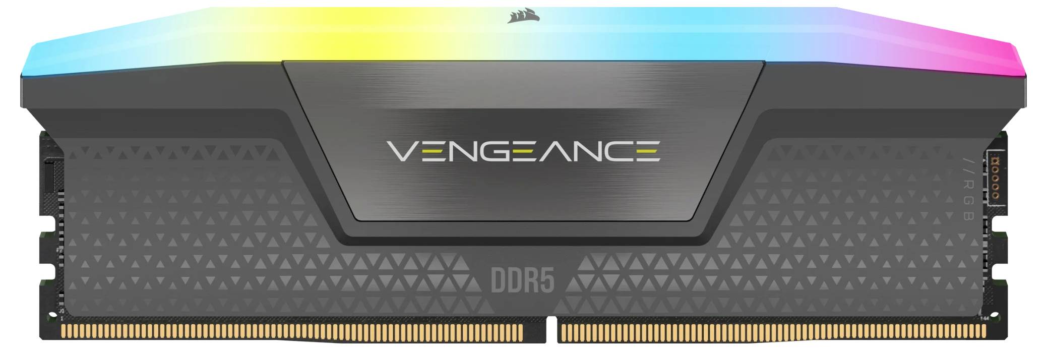 Moduł RAM DDR5 z podświetleniem RGB i logo Vengeance; nowoczesny i wydajny design; odpowiedni dla komputerów o wysokiej wydajności.