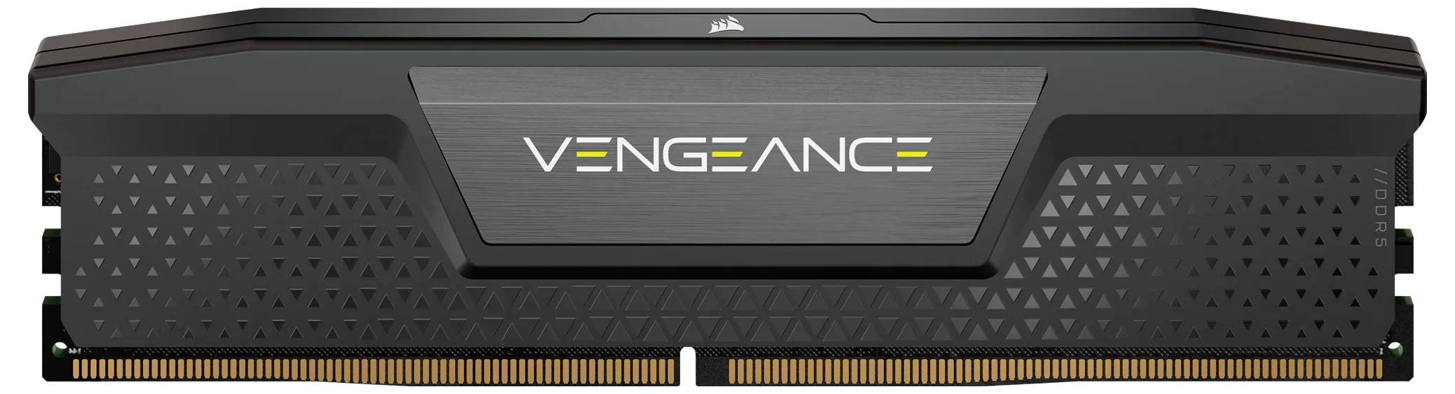Moduł RAM z napisem 'Vengeance'. Czarny design ze złotymi paskami styków.