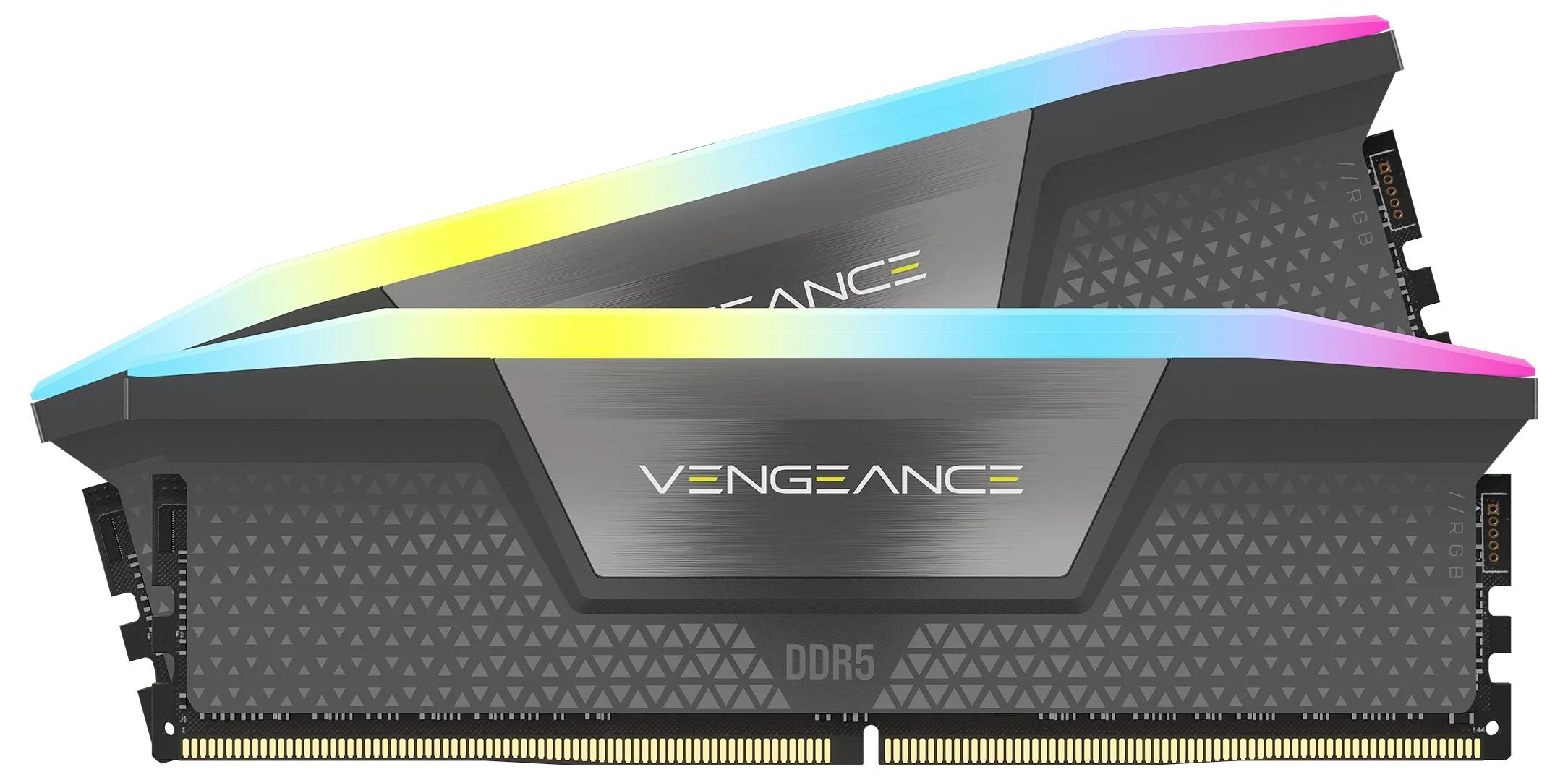Dwa moduły pamięci RAM DDR5 Vengeance z podświetleniem RGB, ułożone jeden na drugim. Są zaprojektowane do szybkiego przetwarzania danych w komputerach.