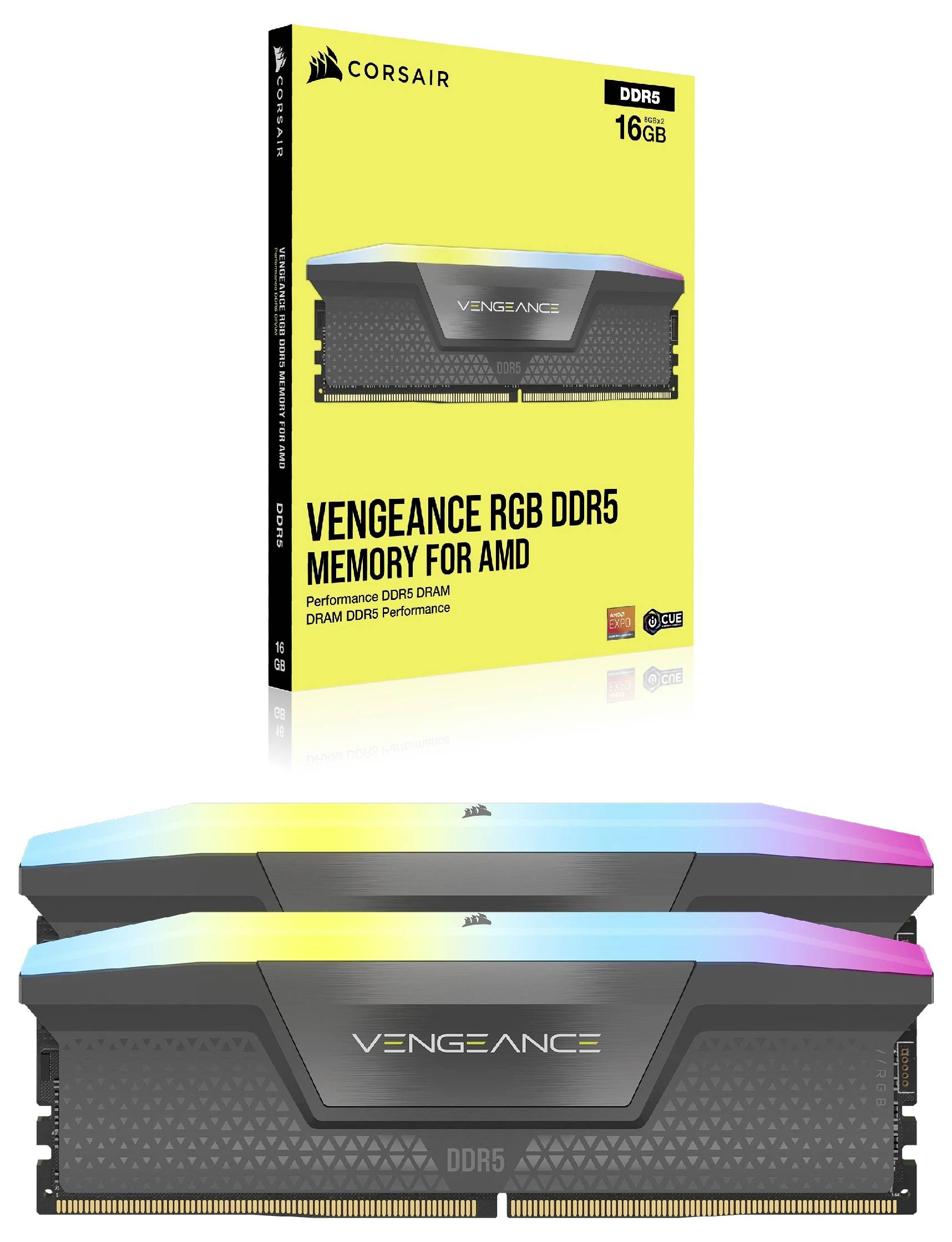Dwa moduły pamięci RAM Corsair Vengeance RGB DDR5 z kolorowym podświetleniem przed opakowaniem z napisem 'Pamięć DDR5 dla AMD'.