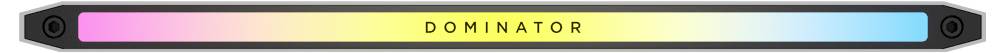 Wąski pasek świetlny z gradientem kolorów od różowego do niebieskiego, na środku czarną czcionką napisano słowo 'DOMINATOR'.