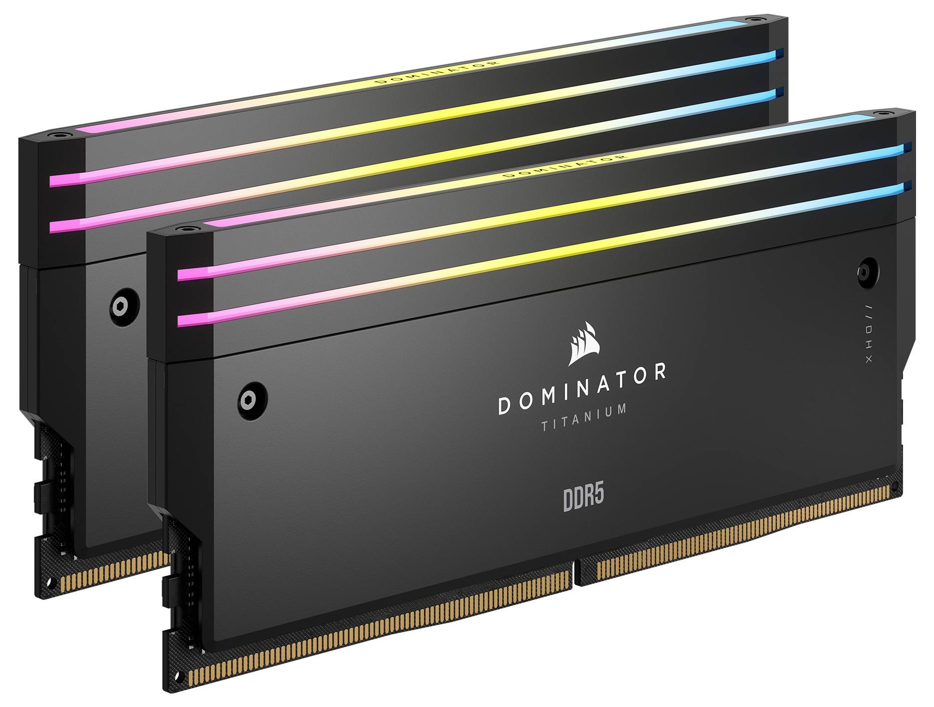 Dwa moduły pamięci RAM Corsair Dominator Titanium DDR5 z podświetleniem RGB, przeznaczone do komputerów o wysokiej wydajności, na białym tle.