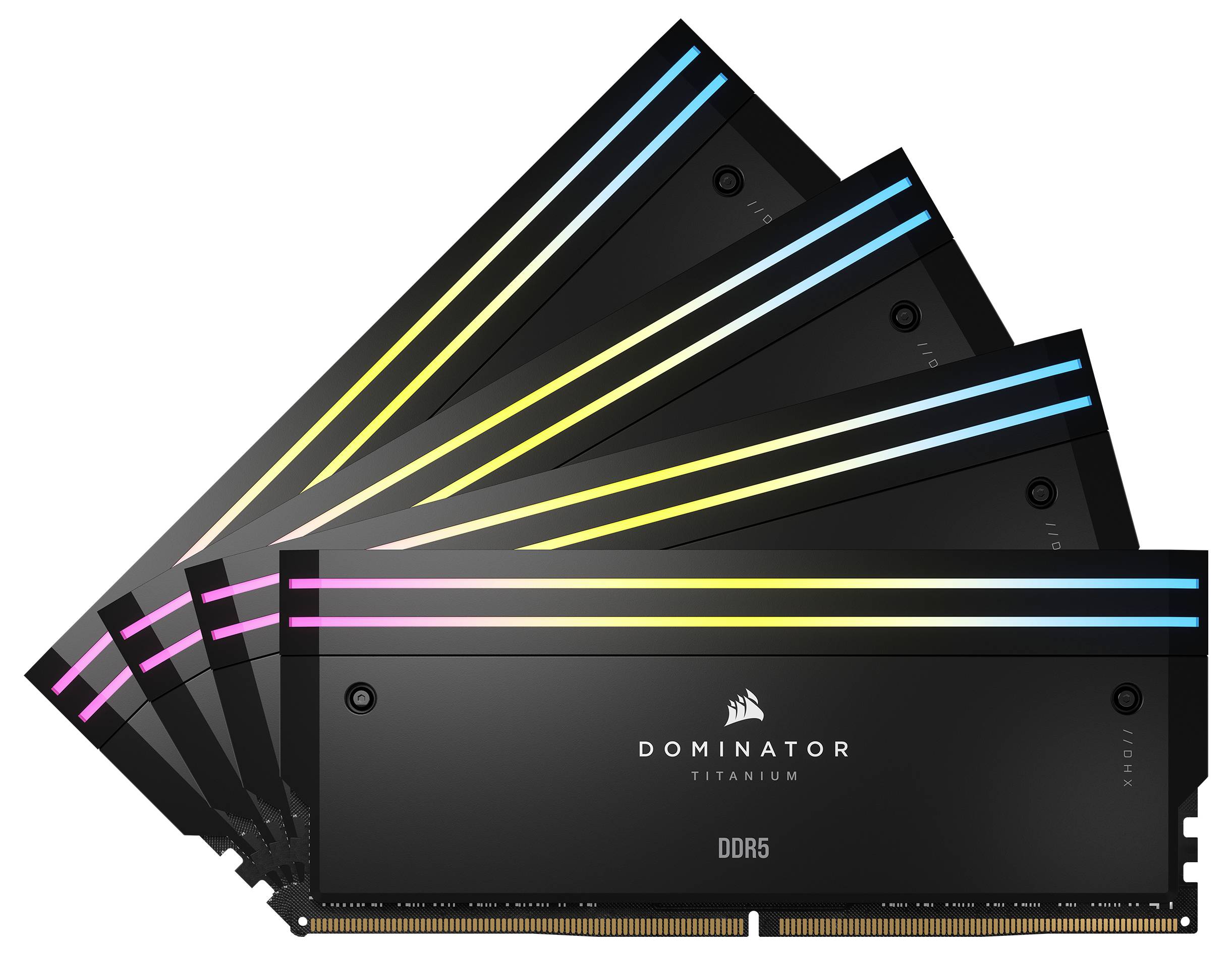 Pięć modułów pamięci RAM Corsair Dominator Titanium z podświetleniem RGB, oznaczonych jako DDR5. Są ułożone w kształcie wachlarza.