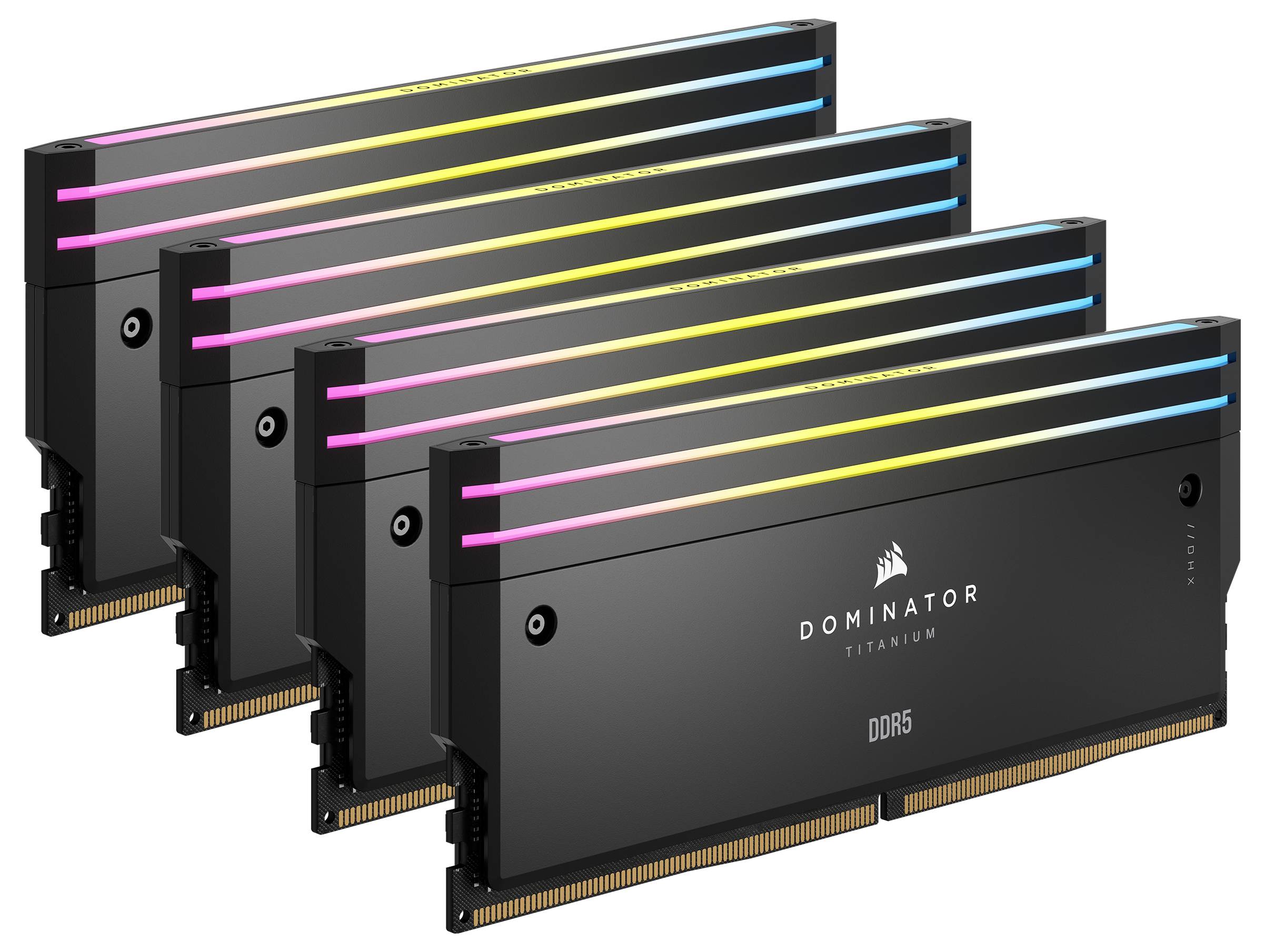 Cztery moduły pamięci DDR5 z podświetleniem RGB z serii 'Dominator Titanium', ułożone w skośnej linii.