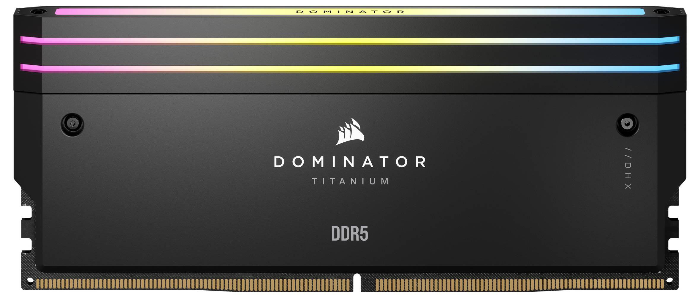Czarny moduł RAM DDR5 z podświetleniem RGB z napisem 'DOMINATOR TITANIUM'.