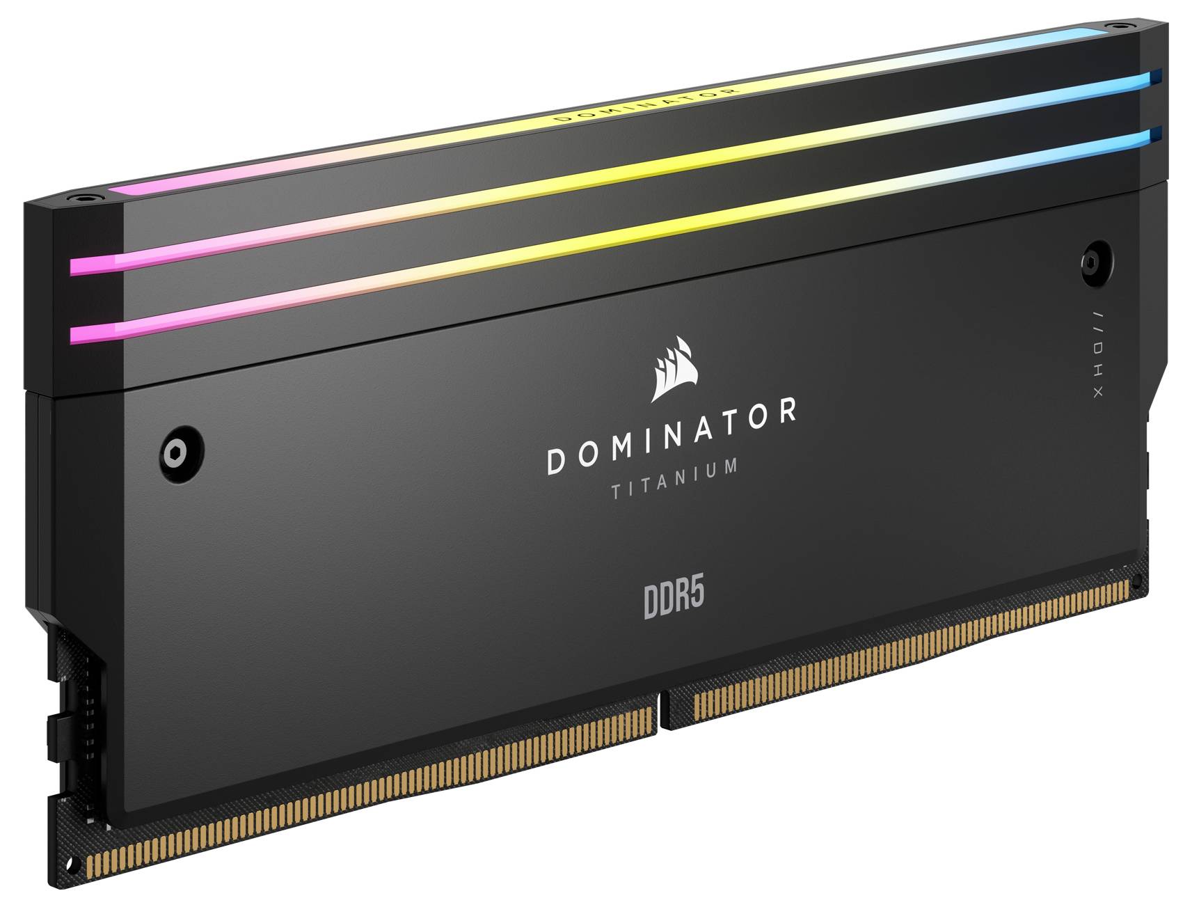 Czarny moduł pamięci DDR5 'Dominator Titanium' z podświetleniem RGB.