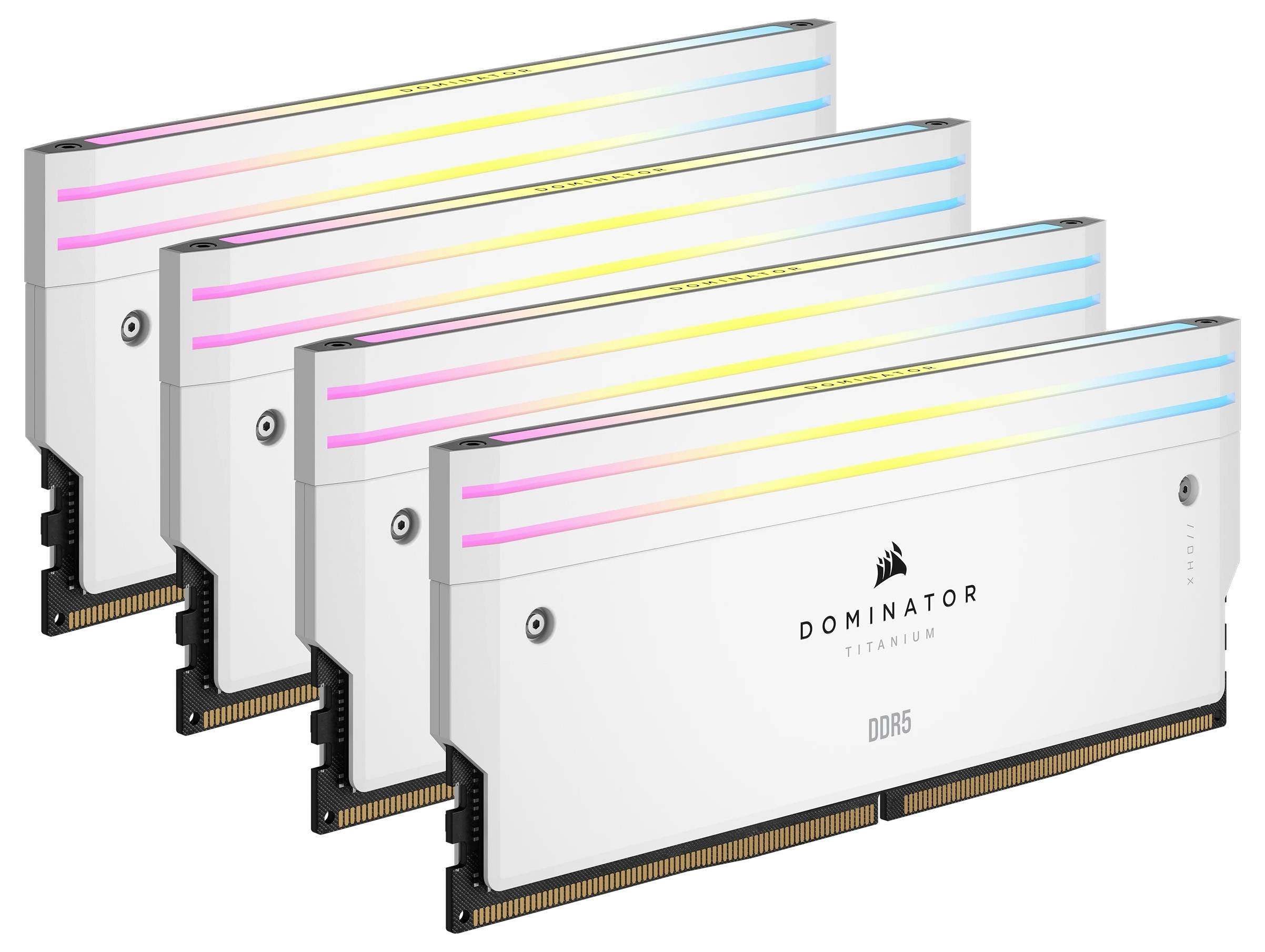 Cztery białe moduły RAM DDR5 z podświetleniem RGB, oznaczone napisem 'DOMINATOR TITANIUM', ustawione w rzędzie.