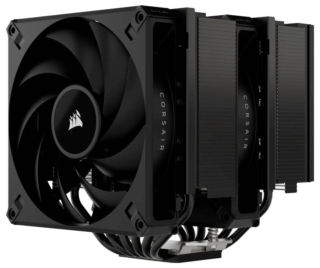 Czarny chłodnik CPU z podwójnym wentylatorem i strukturą lamelową, przeznaczony do odprowadzania ciepła w komputerach.