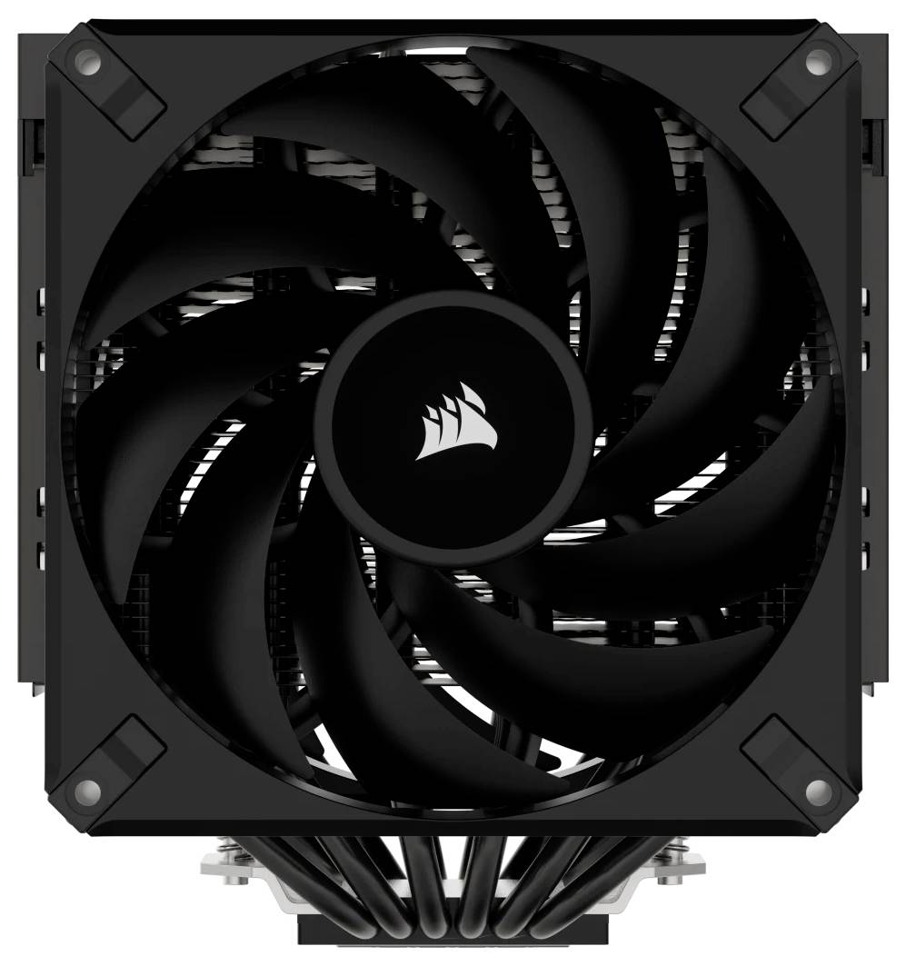 Wentylator komputerowy z czarną obudową i centralnym logo producenta.