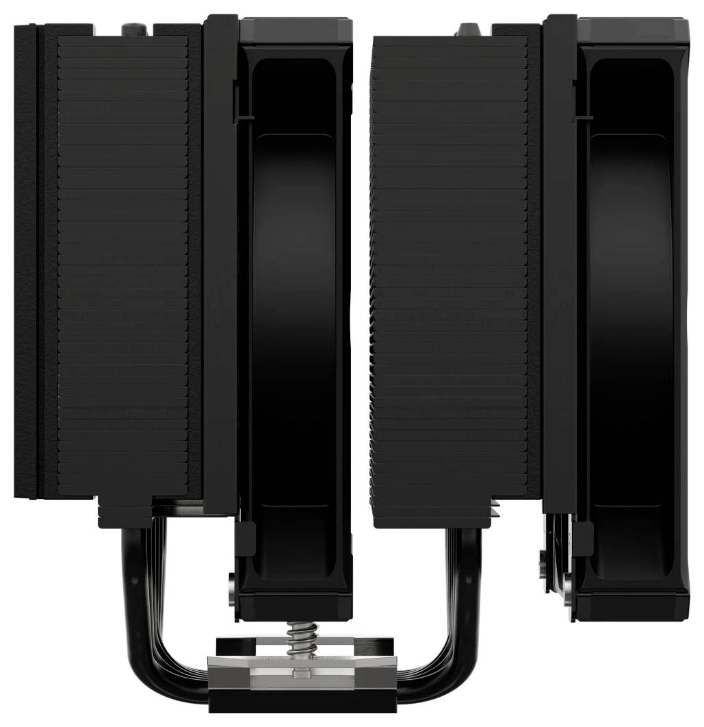 Czarny chłodnik powietrzny procesora, składający się z dwóch dużych bloków żeber chłodzących, połączonych kilkoma rurkami cieplnymi i wyposażony w dwa wentylatory.