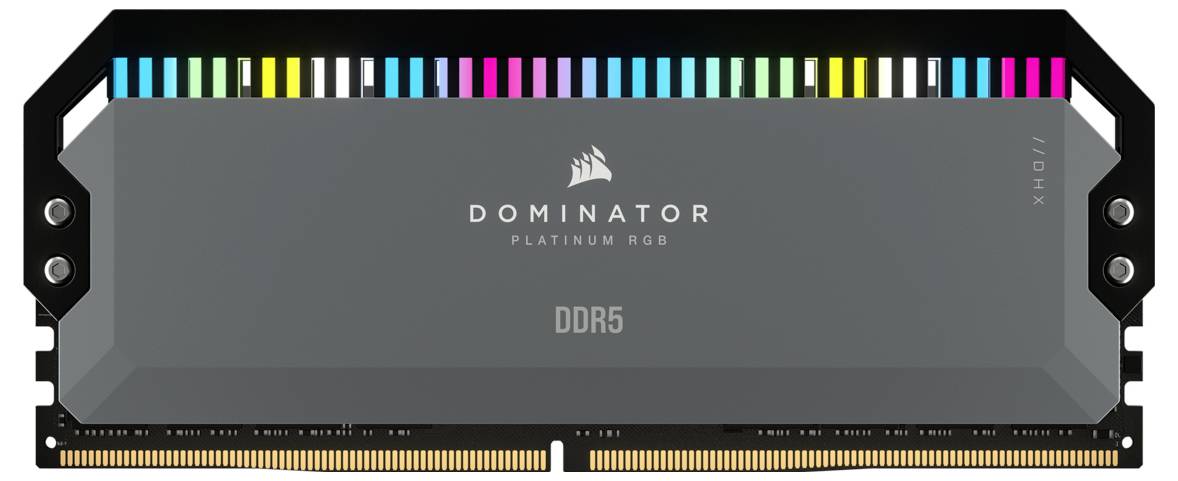 Moduł RAM DDR5 z podświetleniem RGB z napisem 'Dominator Platinum RGB'. Górna część modułu prezentuje świecący pasek świetlny.