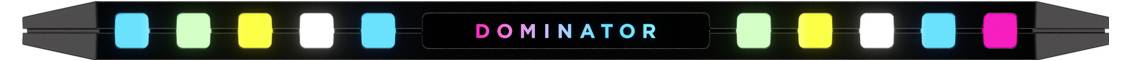 Świecący wyświetlacz z napisem 'Dominator' pośrodku, otoczony kolorowymi światłami w odcieniach niebieskiego, żółtego, zielonego i różowego.