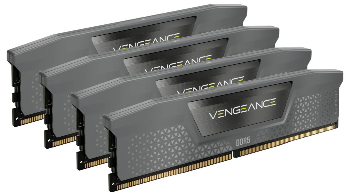 Cztery moduły RAM DDR5 marki 'Vengeance' z szarym radiatorem, ułożone obok siebie. Idealne do komputerów o wysokiej wydajności.