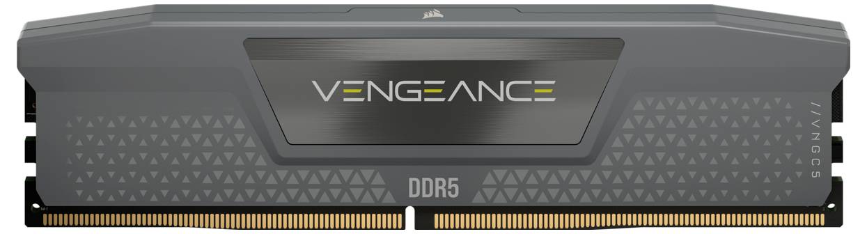 Moduł pamięci RAM Corsair Vengeance DDR5, w kolorze szarym, z czarnym i żółtym napisem, przeznaczony do wydajnych zastosowań komputerowych.