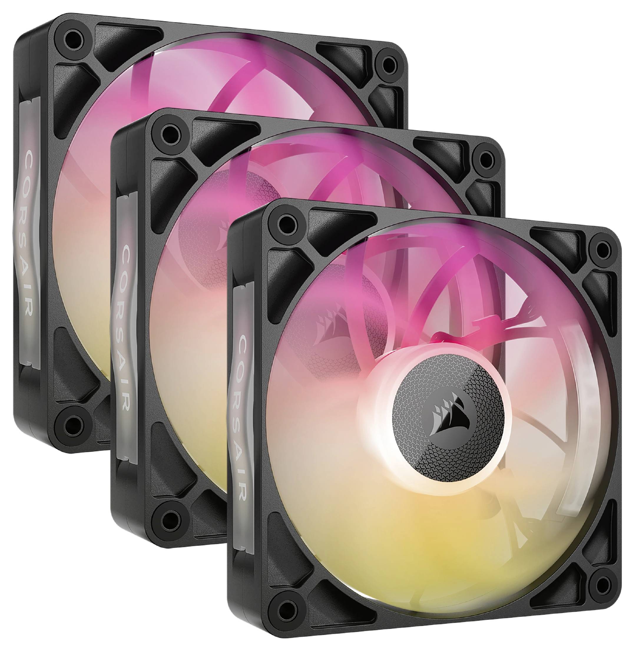 'Trzy wentylatory komputerowe z kolorowymi diodami LED, które tworzą gradient barw od różu do żółtego. Wentylatory mają czarną obudowę.'
