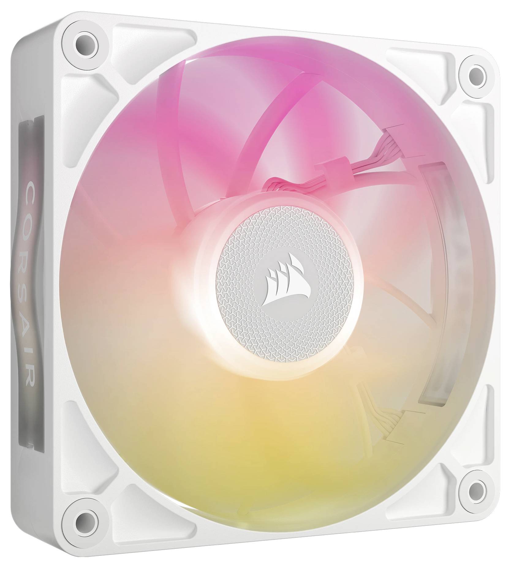 Białe wentylatory komputerowe z wielokolorowym podświetleniem LED, wyświetlające różne odcienie różu i żółci.