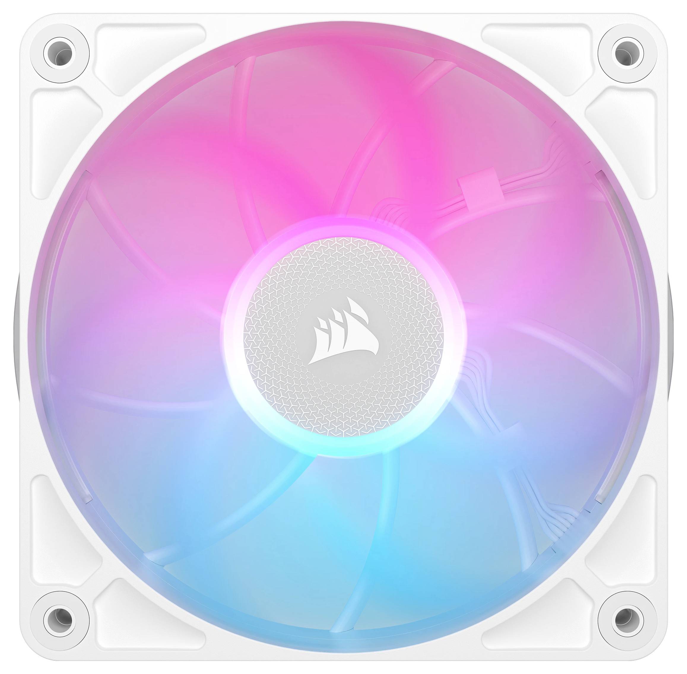 Wentylator komputerowy z podświetleniem RGB pokazujący gradient kolorów od różowego do niebieskiego. Symbol marki pośrodku.