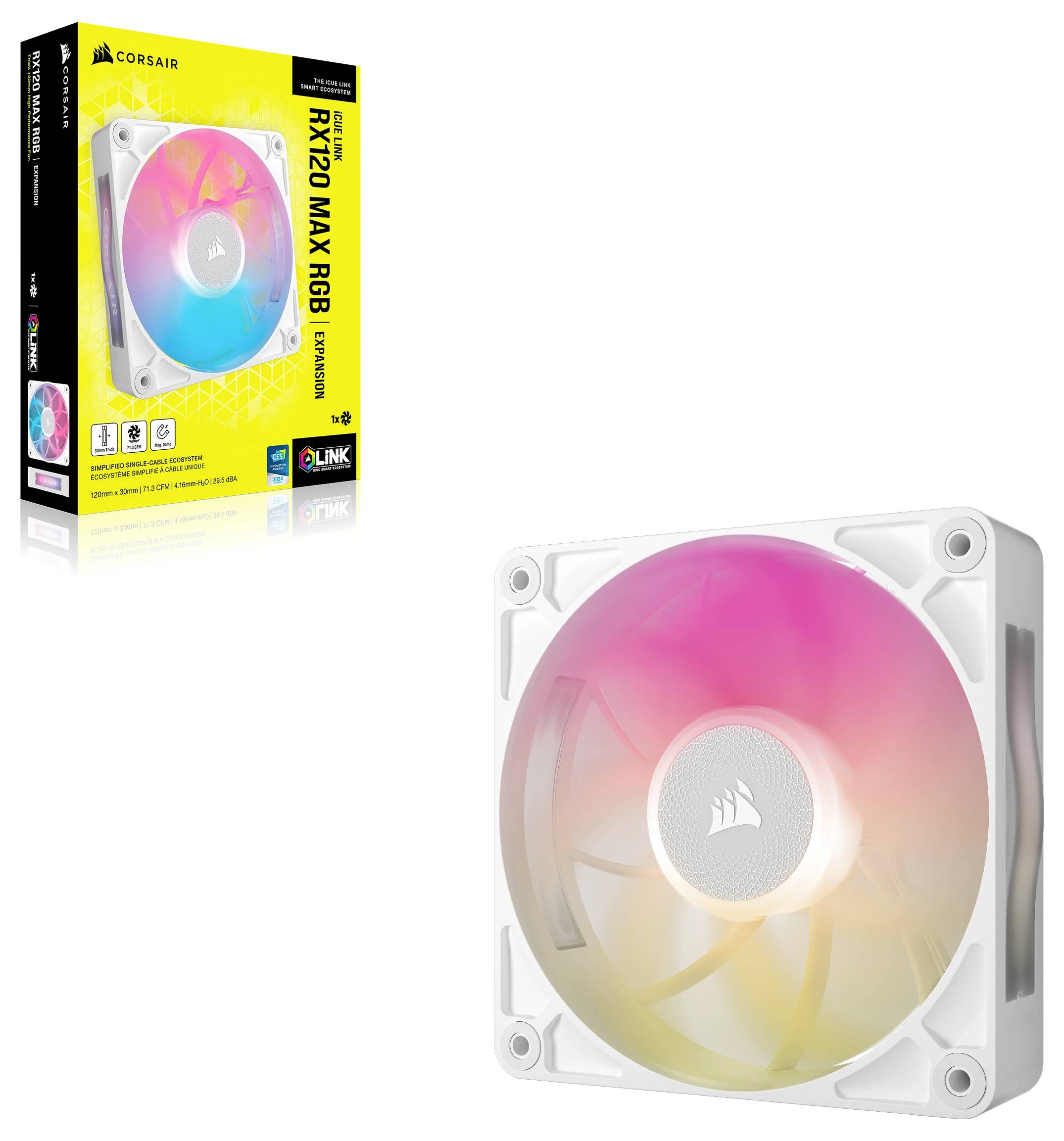 Chłodnica komputerowa firmy Corsair, model 'iCUE LINK', z podświetleniem RGB. Opakowanie prezentuje świecące kolory i cechy produktu.