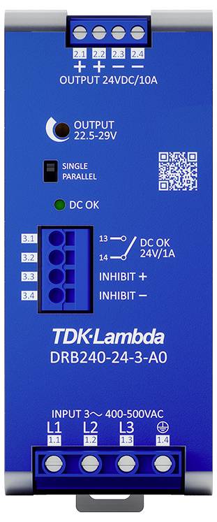 'Zasilacz TDK-Lambda DRB240-24-3-A0, wejście 380-500VAC, wyjście 24VDC/10A, wskaźniki LED dla wyjścia i statusu, montaż na szynie DIN.'