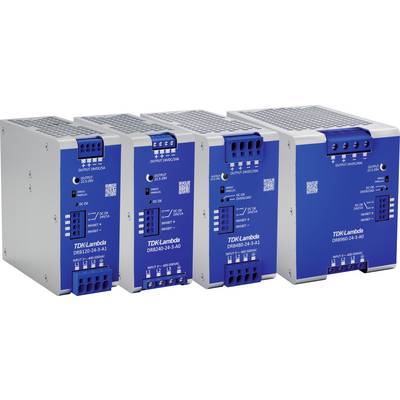 Cztery niebieskie, prostokątne urządzenia elektroniczne firmy TDK-Lambda, model DRB50-24-3-1, z różnymi możliwościami podłączenia i otworami wentylacyjnymi.