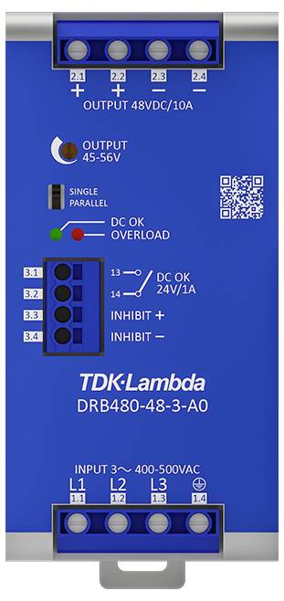 Niebieskie zasilanie TDK-Lambda DRB480 z wyjściem DC 48VDC/10A, zakres wejściowy 3~ 400-500VAC. Pokazuje podłączenia i wskaźniki statusu.